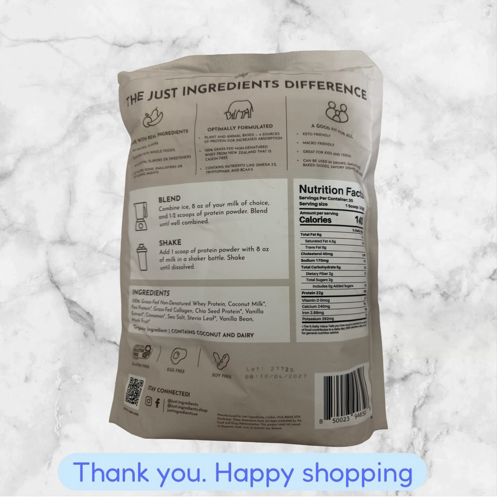 Just Ingredients Vanilla Bean Protein Powder Clean Natural 34.92oz NEW SHIP