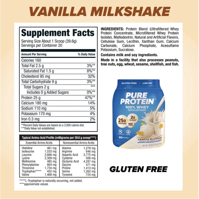 Pure Protein Whey Protein Powder, Vanilla Cream, 1.75 lb