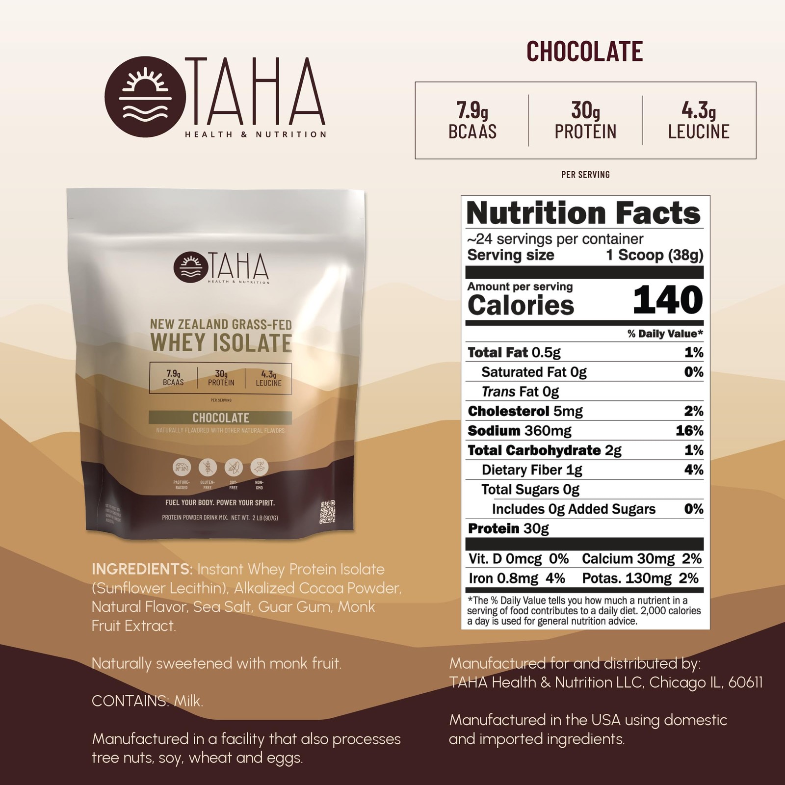 TAHA Chocolate Whey Protein Isolate Powder, 30g Protein, GrassFed, 2lb