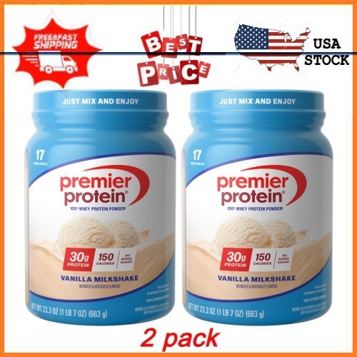 2 pack Premier Protein 100% Whey Protein Powder Vanilla Milkshake 30g Pro 23.3oz