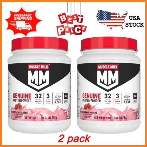 2 pack Muscle Milk Genuine Protein Powder, Strawberries ‘N Crème, 32g Protein, 1