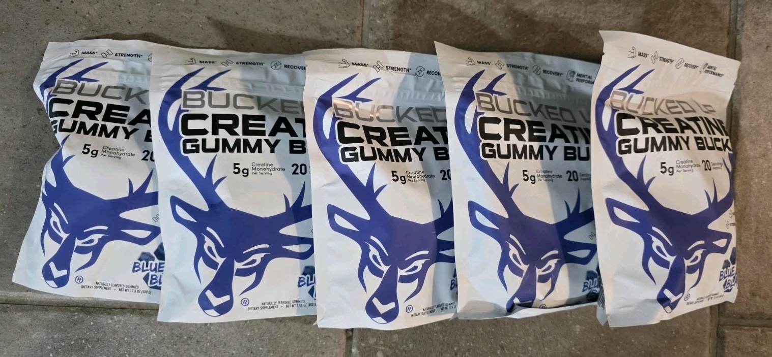 Box Of 5! Bucked Up Creatine Gummies-Blue Blast. 17.6oz/20Ser./bag Exp-06/2027