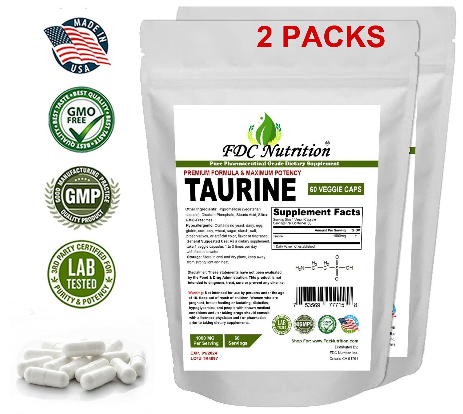 TWO PACKS FDC NUTRITION Taurine 1000mg, 60 Capsules – Gluten Free & Non-GMO