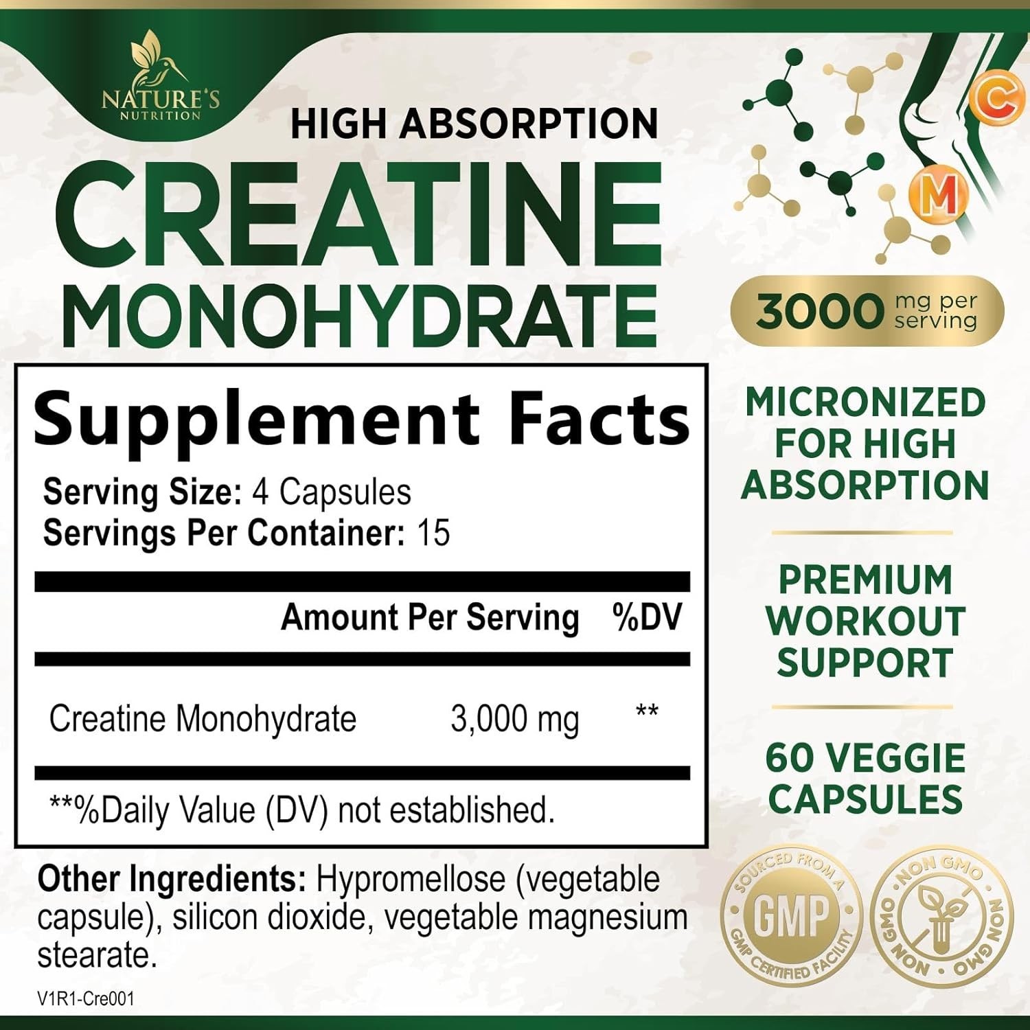 Unflavored Creatine Monohydrate 60 Capsules – Boost Energy, Strength & Muscle