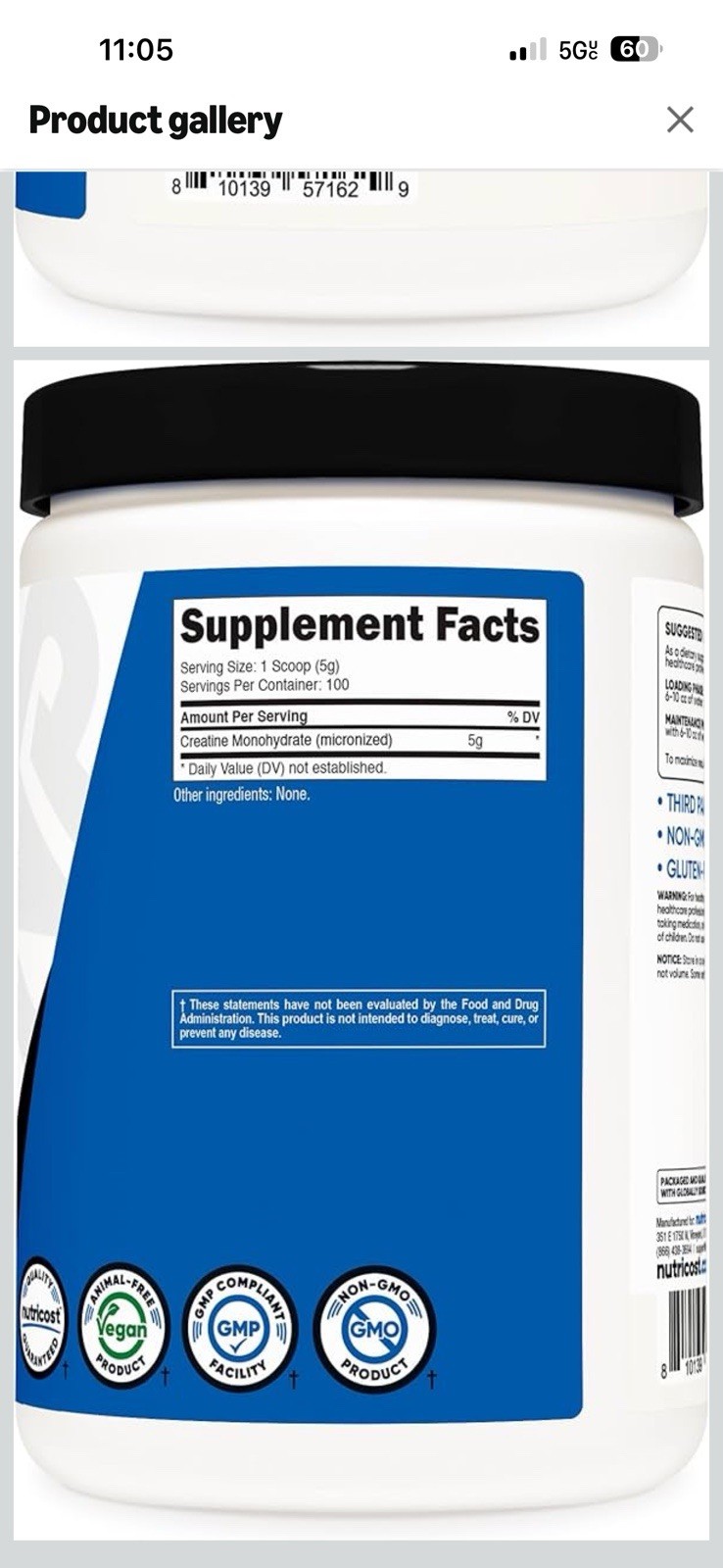Nutricost Pure Creatine Monohydrate 500 Gram Powder Unflavored Exp 04/2029