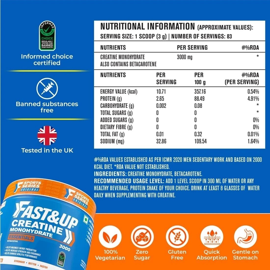 Fast&Up Creatine Monohydrate Supports Muscle Endurance & Provides Energy, 250 gm