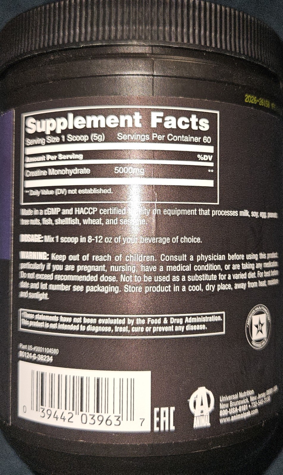 Animal Creatine Monohydrate Powder Micronized Unflavored Muscle Recovery 300 g