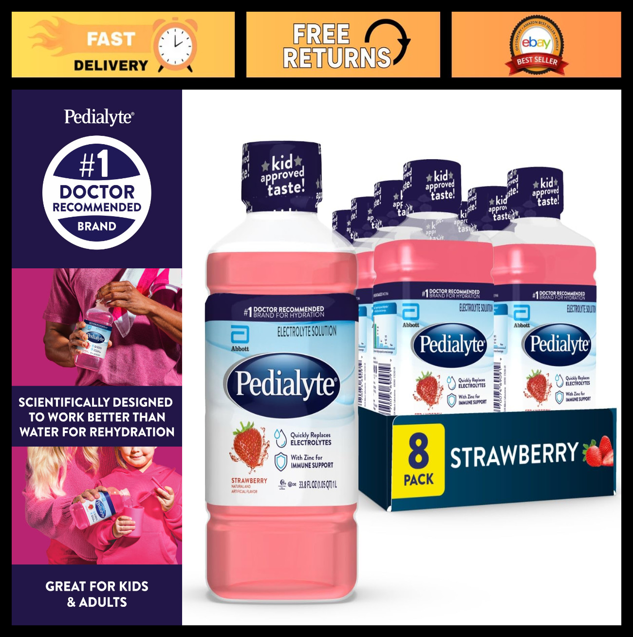 Electrolyte Hydration Drink for Kids & Adults, Strawberry Flavor, 8-Pack, 1L
