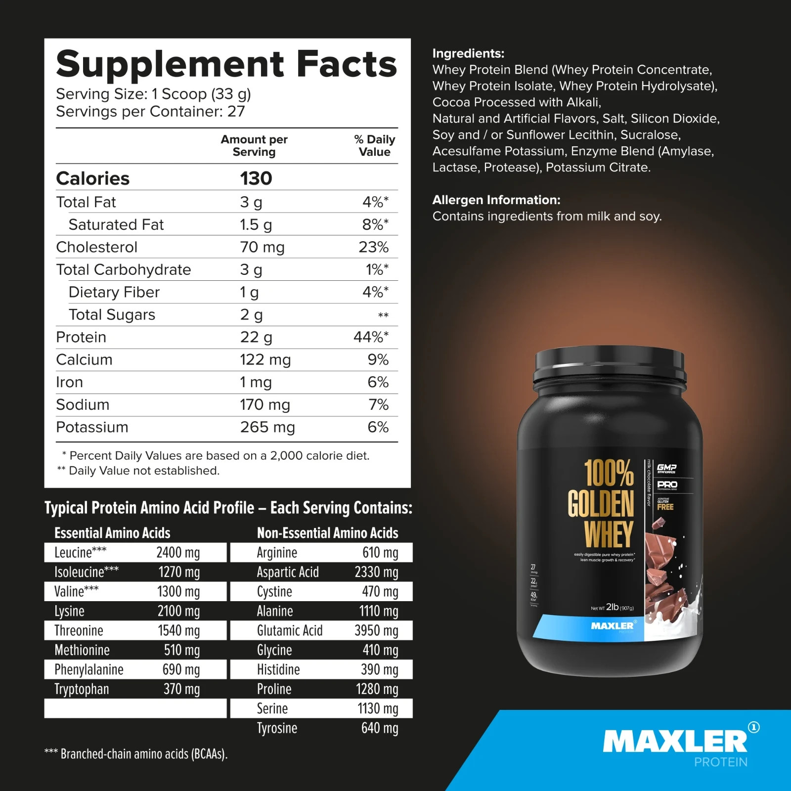 Maxler 100% Golden Whey Protein Powder – Milk Chocolate 2 lb