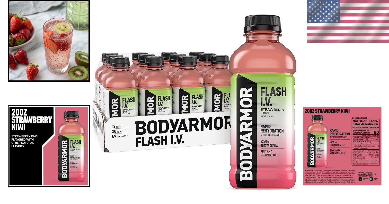 Electrolyte Sports Drink Strawberry Kiwi 20oz Pack of 12 Hydration Immunity