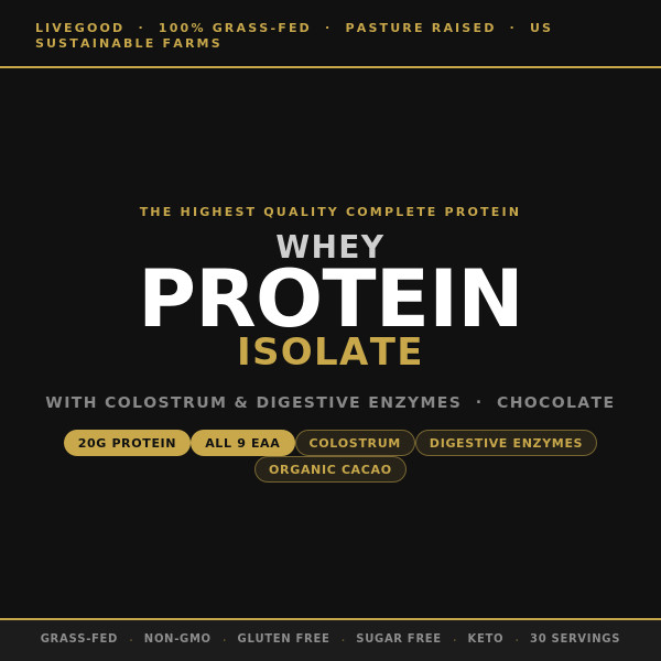 Whey Protein Isolate Colostrum 20g Grass Fed Pasture Raised Chocolate LiveGood