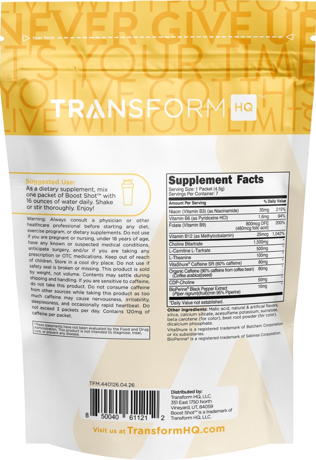 TransformHQ Boost Shot Powder Stick Packets, Peach Mango Energy – 7 Pack