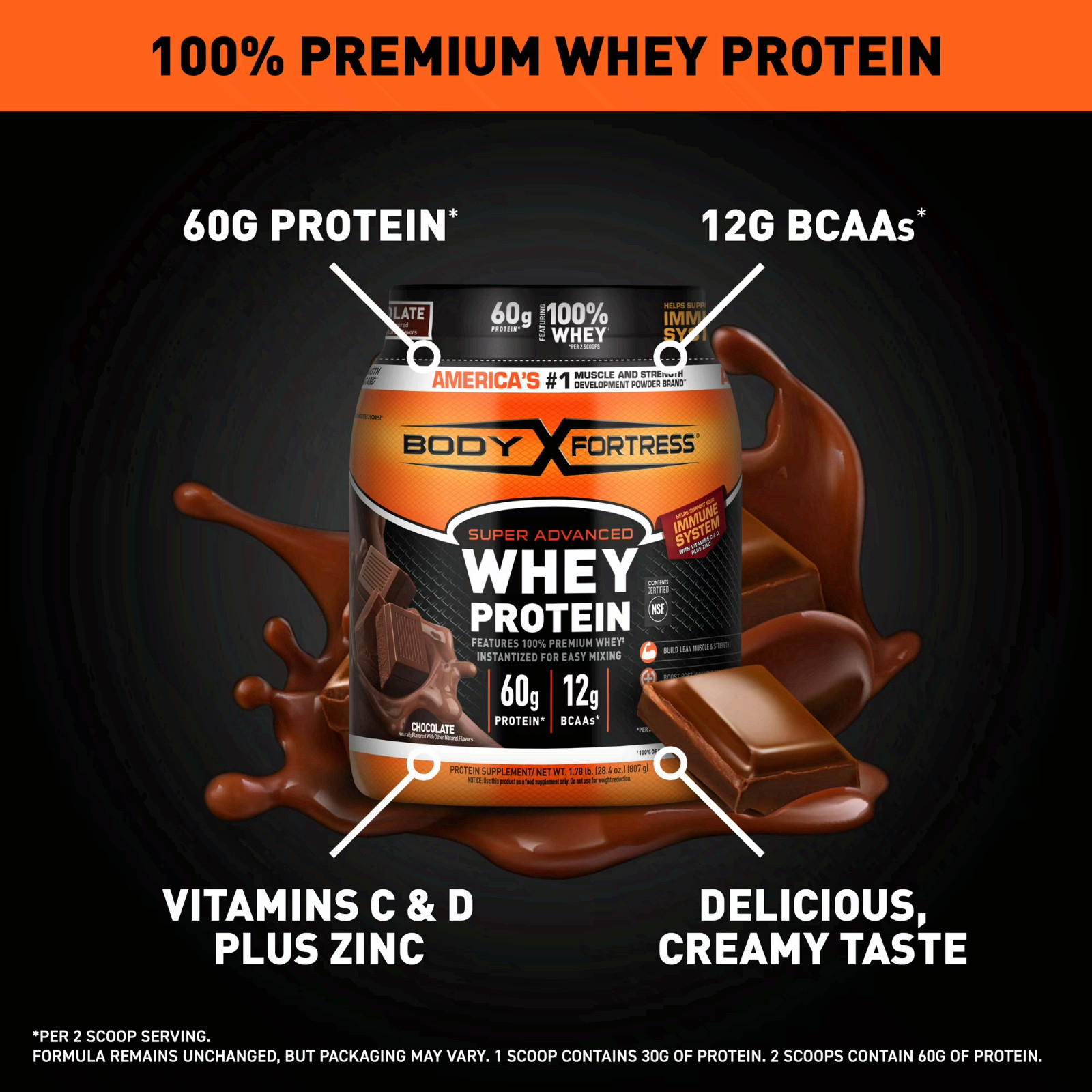 Body Fortress Super Advanced 100% Premium Whey Protein Powder, Chocolate, 1.78lb