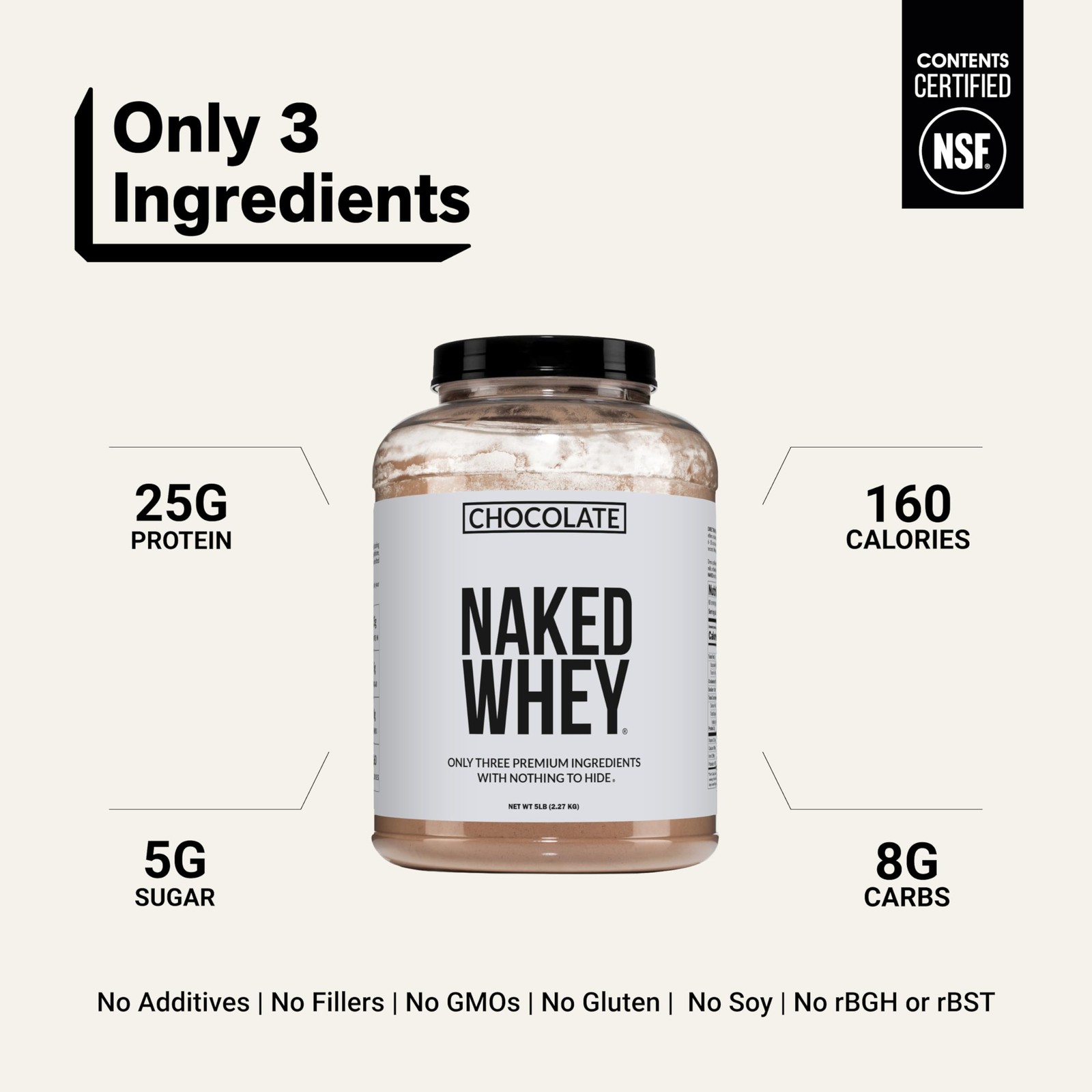 NAKED Whey Protein Supplement Powder, Chocolate, NSF 5 Pound (Pack of 1)