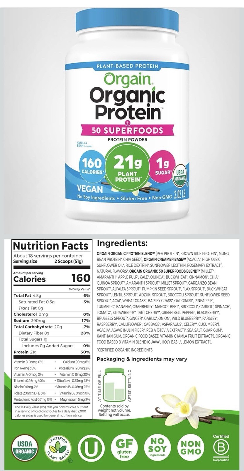 Orgain Organic Plant-Based Protein Powder Vanilla Bean Vegan 2.02 lb 18 Serv