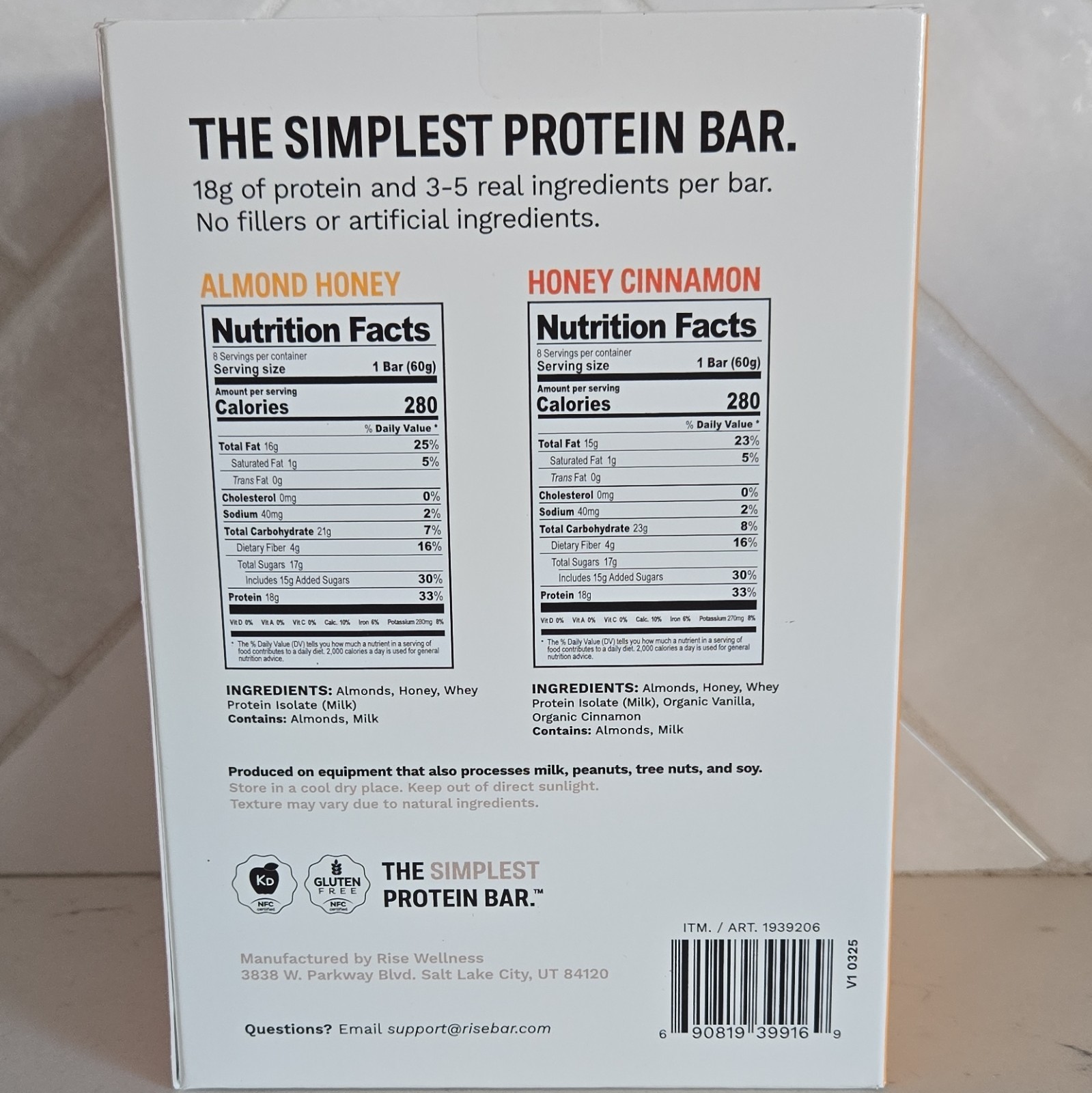 Rise Simplest Protein Bar 16 Bars (8) Almond Honey & (8) Honey Cinnamon