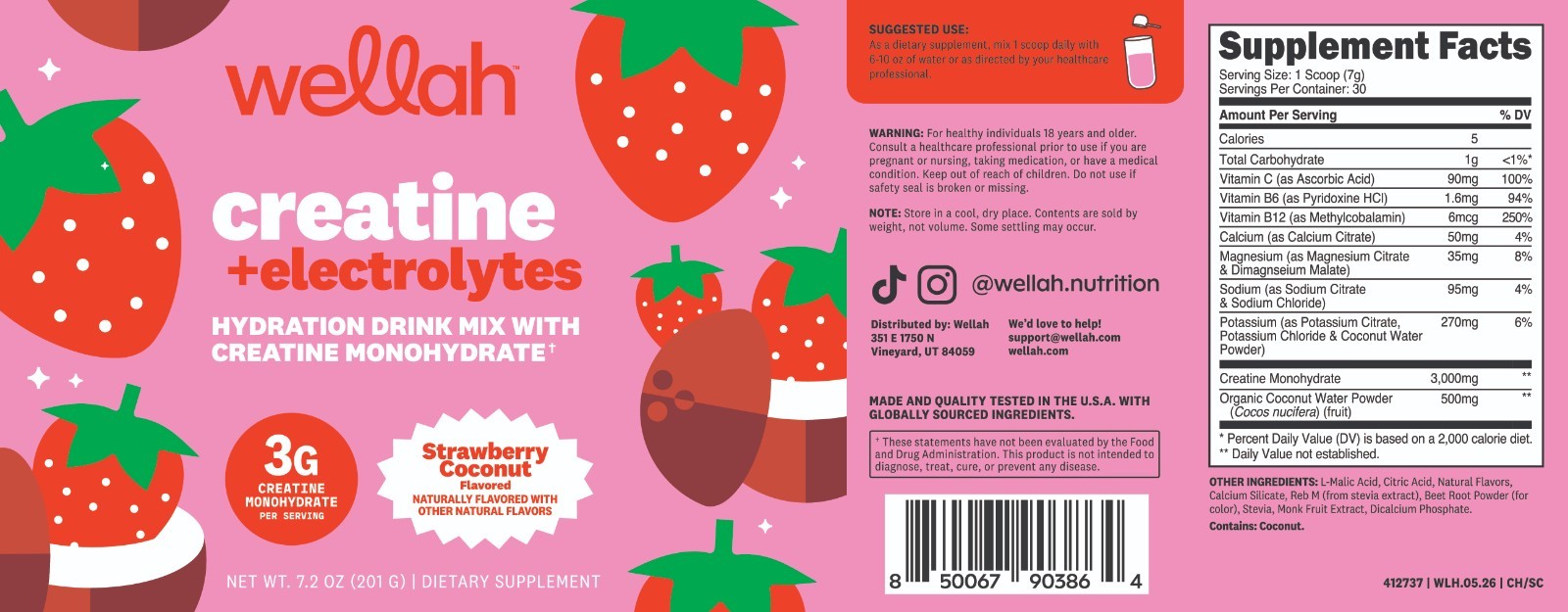Wellah Creatine + Hydration Powder (Strawberry Coconut) 30 Servings – Drink Mix