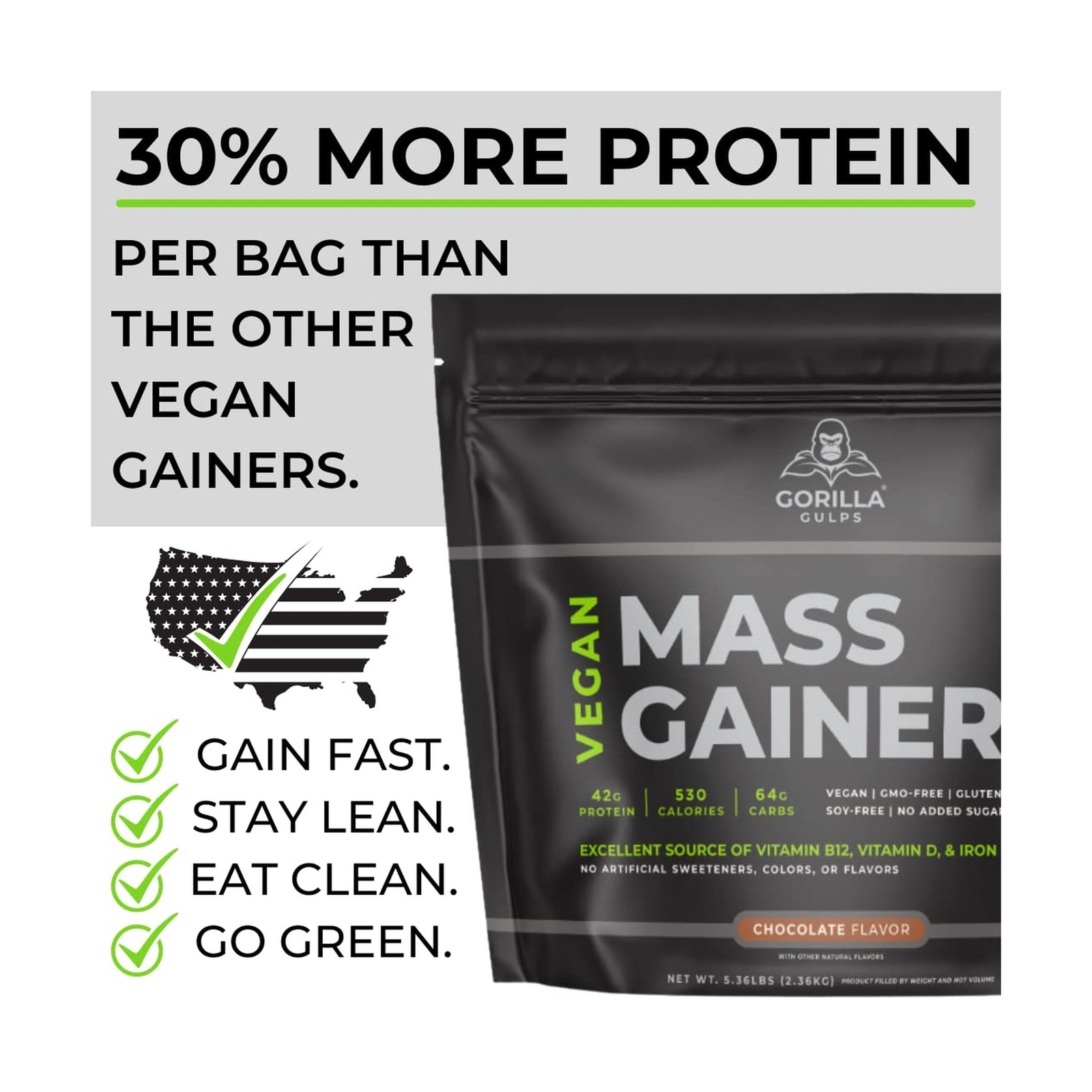 – Chocolate Vegan Mass Gainer – 5 lb Natural High Calorie Protein Po