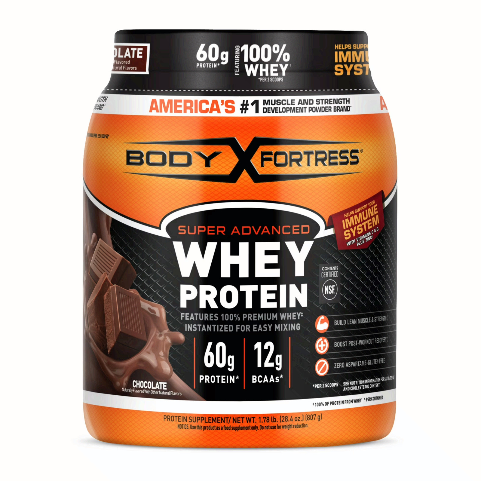 Body Fortress Super Advanced 100% Premium Whey Protein Powder, Chocolate, 1.78lb