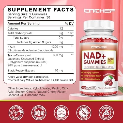 NAD+ Gummies, 1200mg Liposomal NAD Supplement for Women & Men with Trans-Resvera