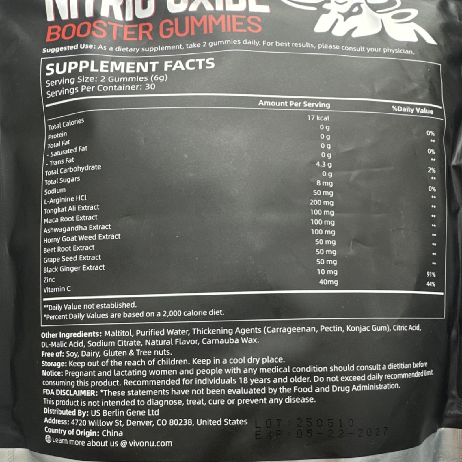 Vivonu Nitric Oxide Booster Gummies 1500mg Mixed Berry 60ct Vegan Exp 05-2027