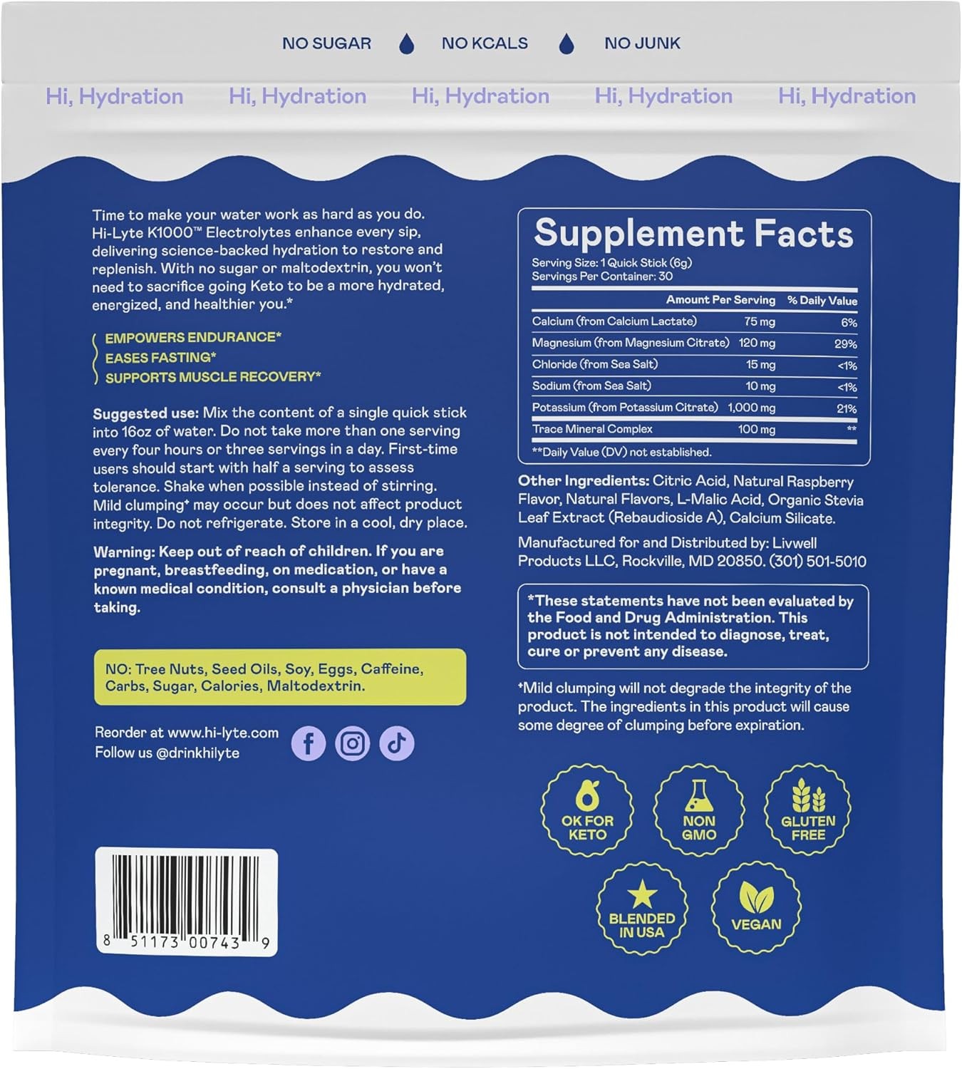 Hi-Lyte K1000 Blue Raspberry Electrolytes Powder Packets, 30 Servings – 1000mg