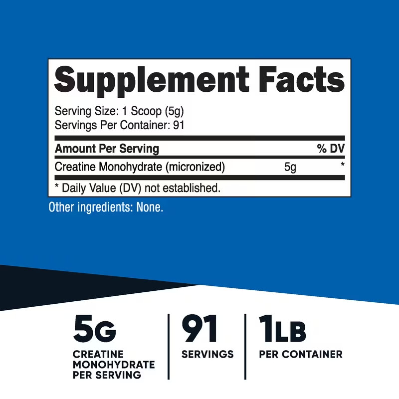 Nutricost Creatine Monohydrate Powder 1lb 91 Servings Unflavored Supplement