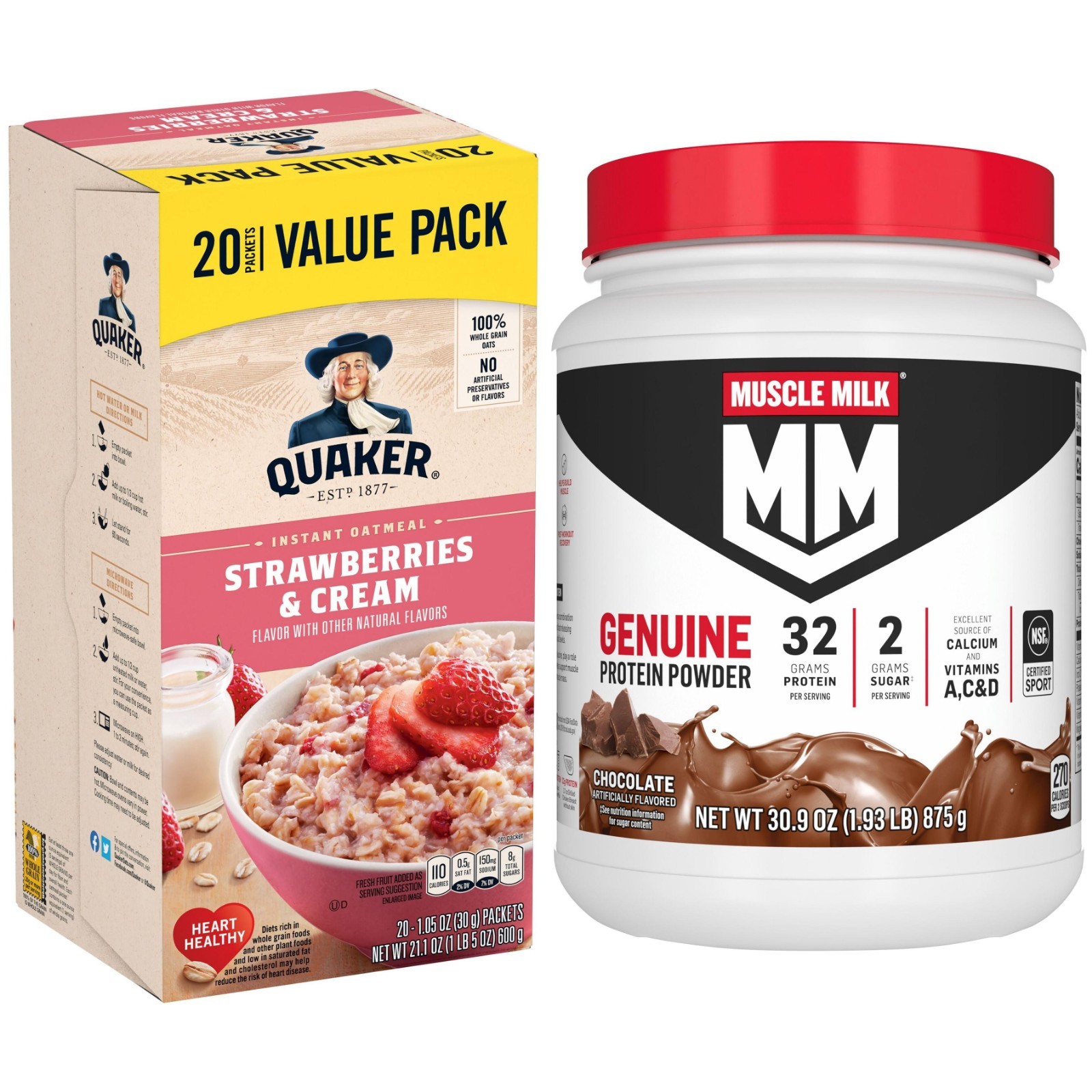Muscle Milk Genuine Protein Powder, Chocolate, 1.93 Pound, 12 Servings + Quaker