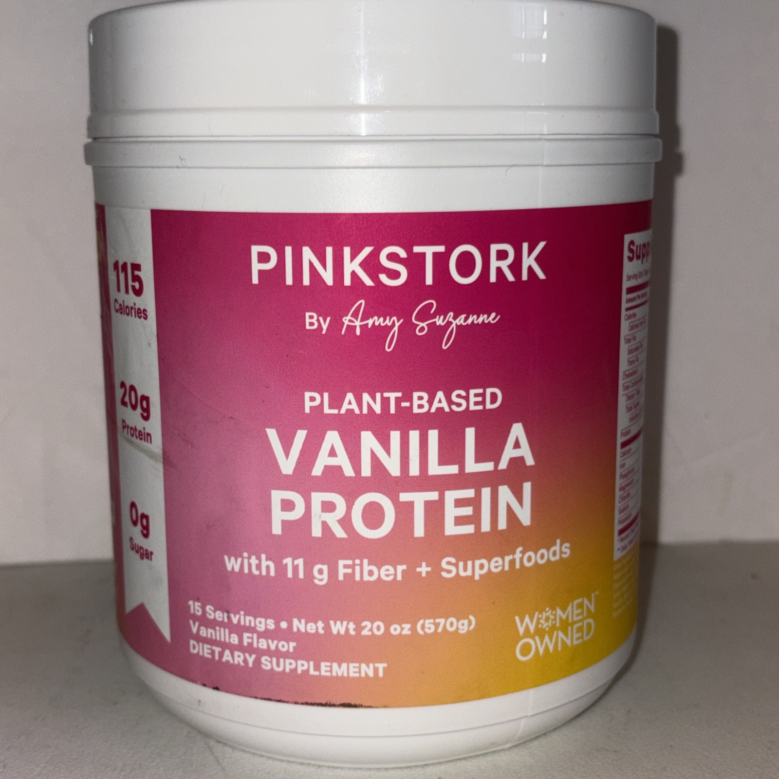 Pink Stork Plant Based Vanilla Protein 15 Servs 20oz Exp4/28 Fiber, Superfoods
