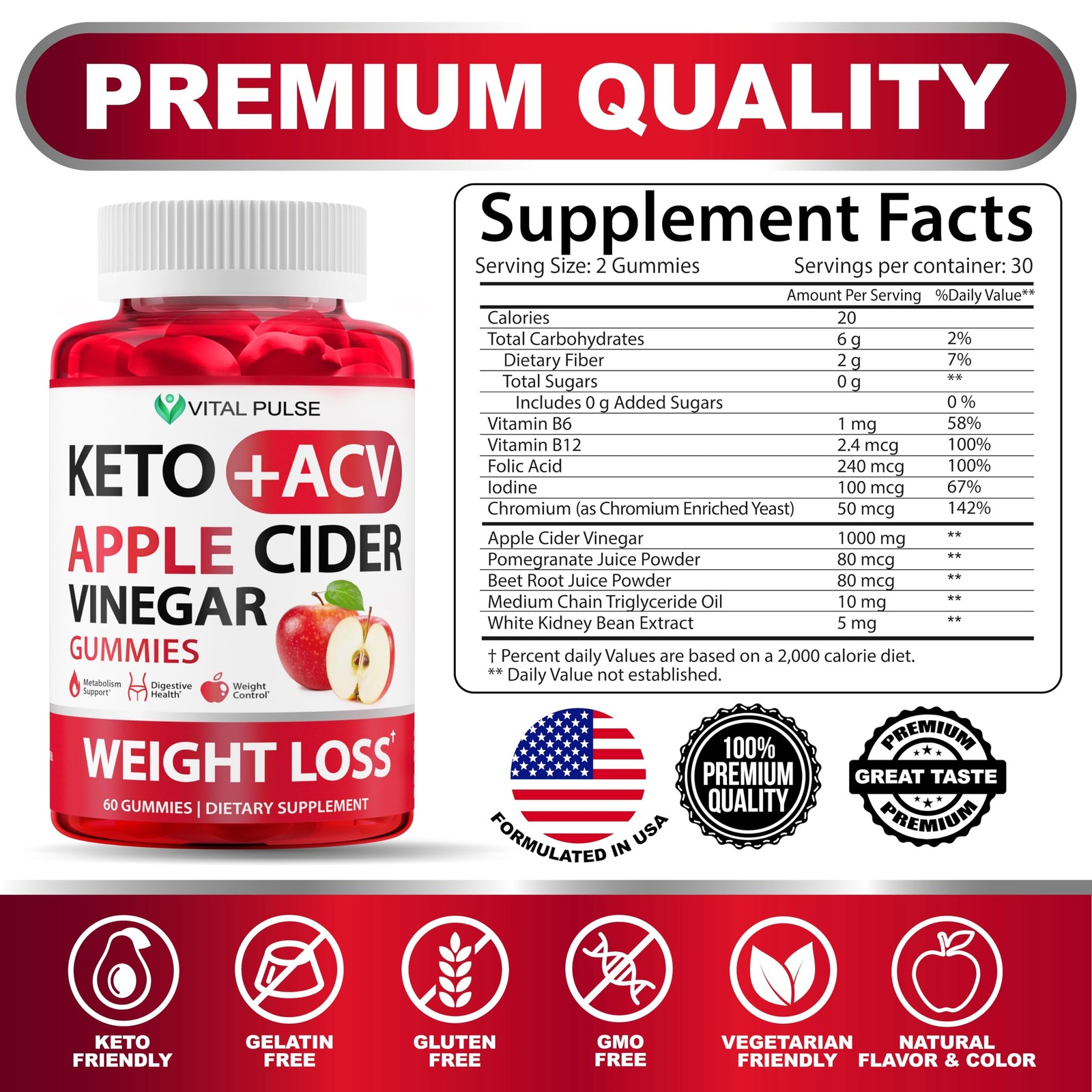 Keto ACV Gummies Advanced Weight Loss – Sugar Free 60 Gummies, Green Apple