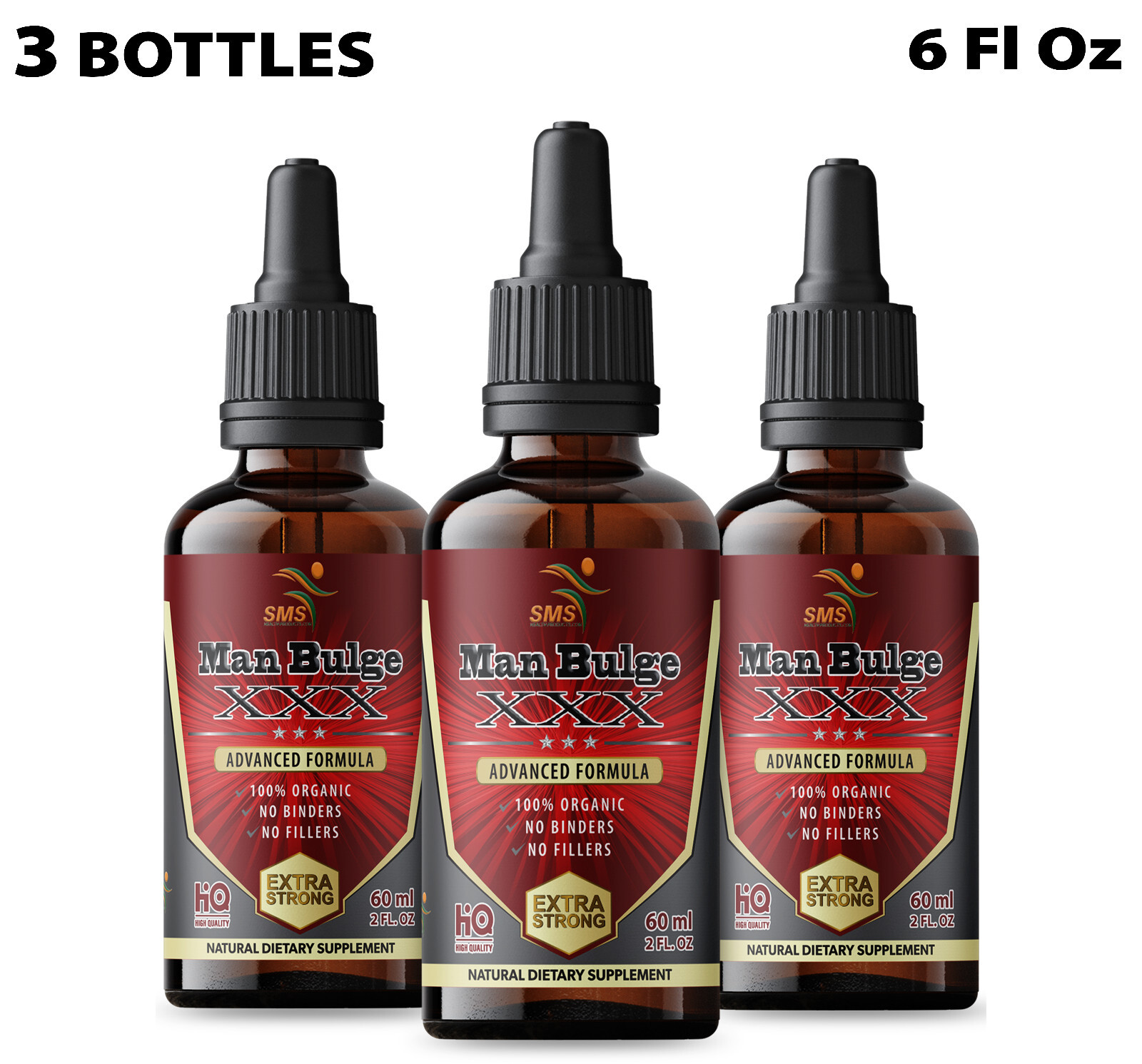 Man Bulge Mens Libidio Boost Performance Tincture Herbal Drops 3 Pack 6 Fl Oz