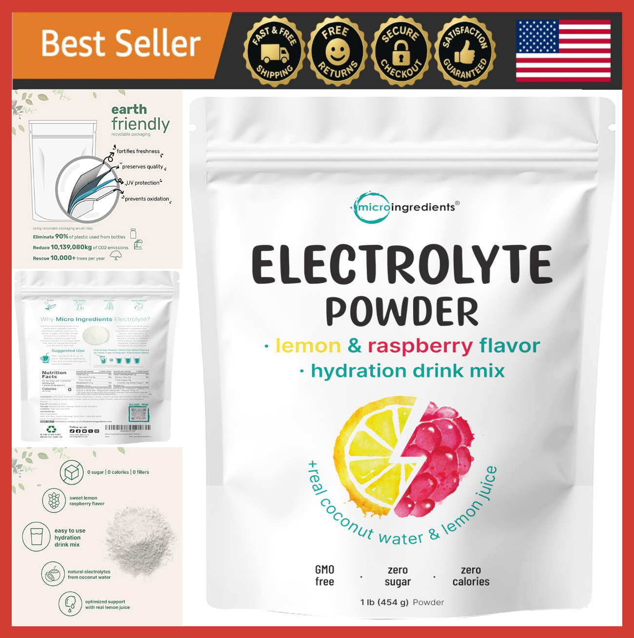 Hydration Electrolyte Powder 1lb, Lemon Raspberry, High Potassium, Keto, Non-GMO