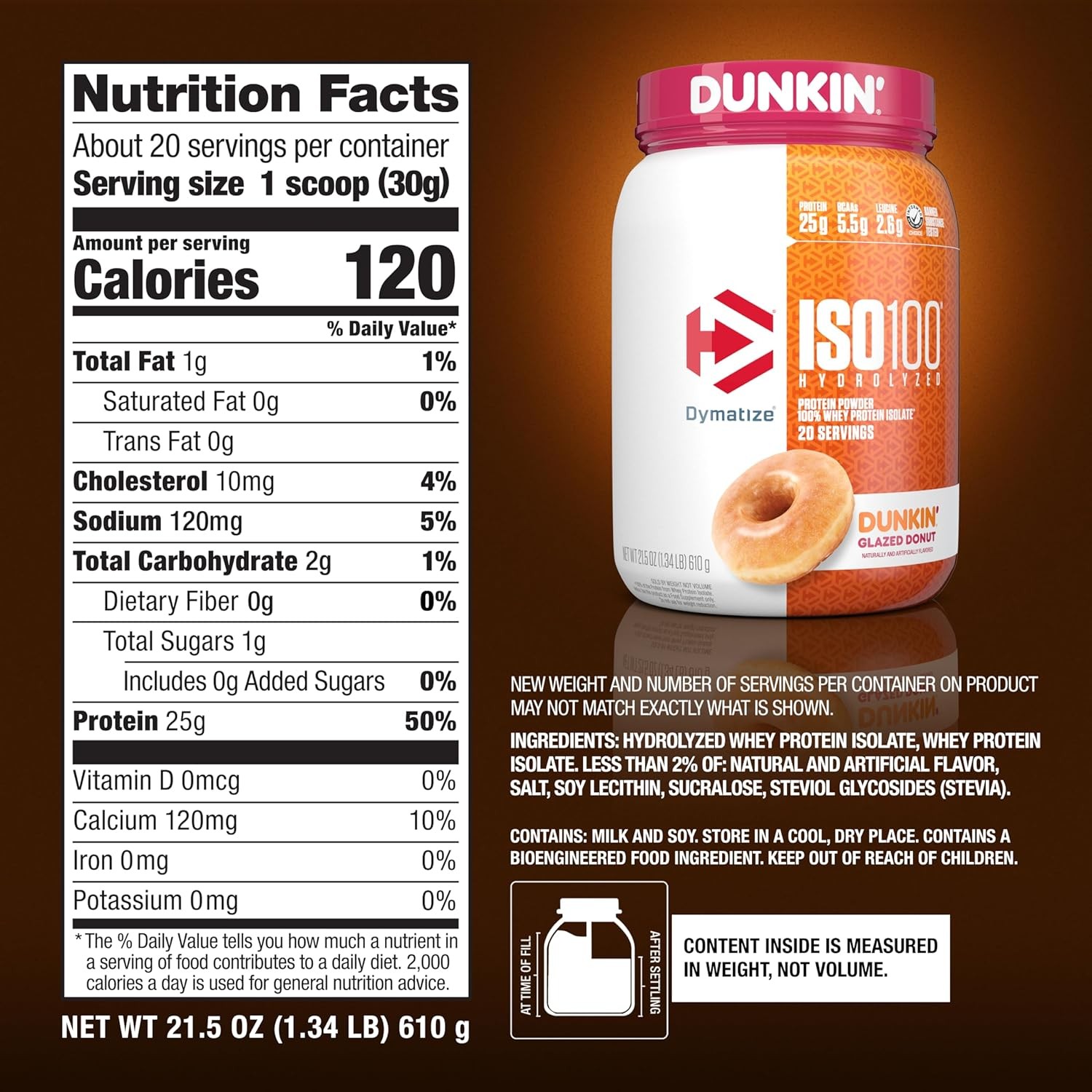 Dymatize ISO100® Hydrolyzed, Dunkin® Glazed Donut, 1.34 lb – Exp 10/25 Pack of 2