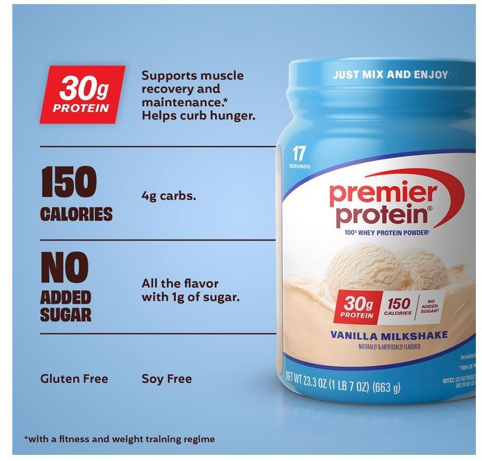 Premier Protein Powder, Vanilla Milkshake 23.3 oz (17 Servings)