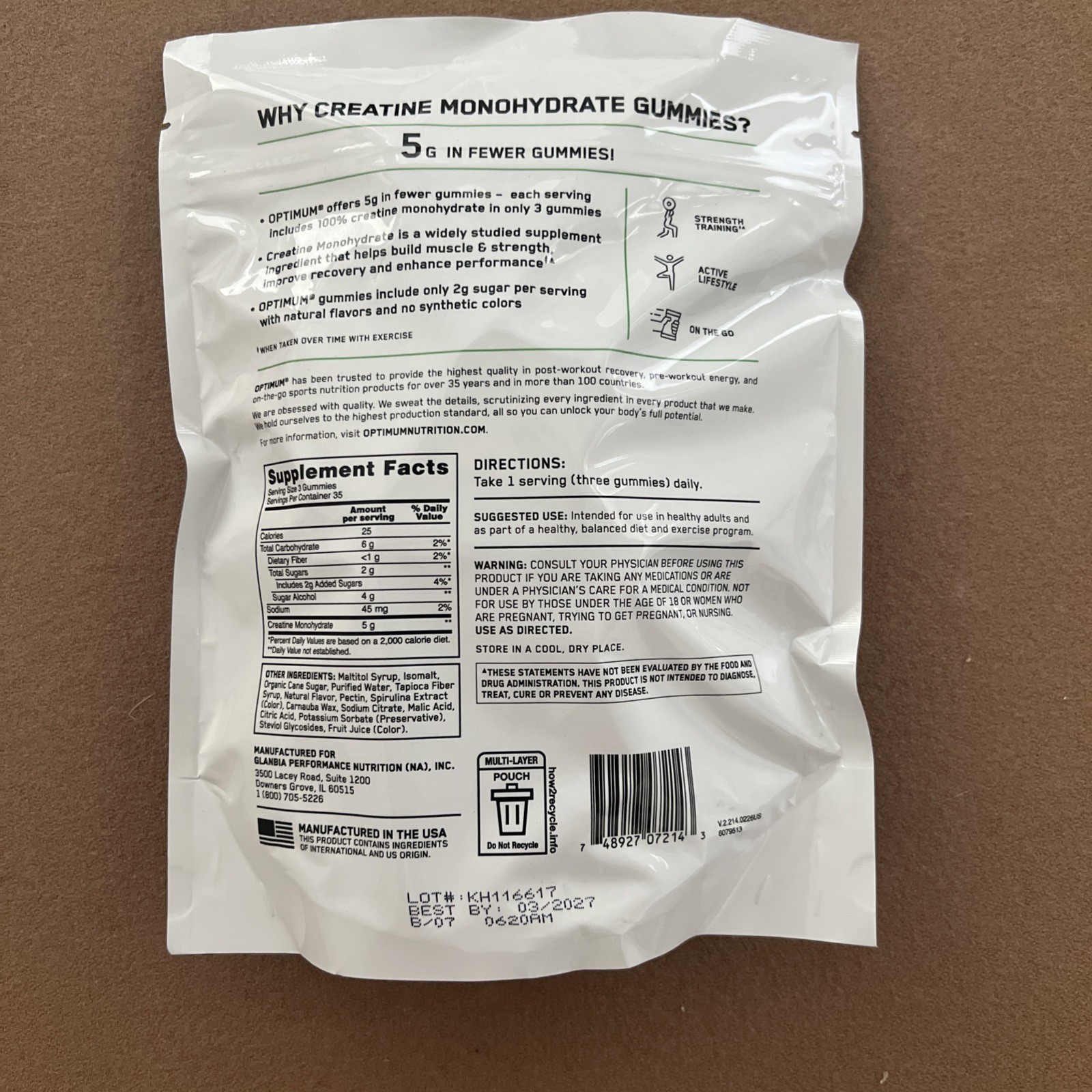 New Optimum Nutrition Creatine Monohydrate Gummies 105 Count 35Servings exp 3/27