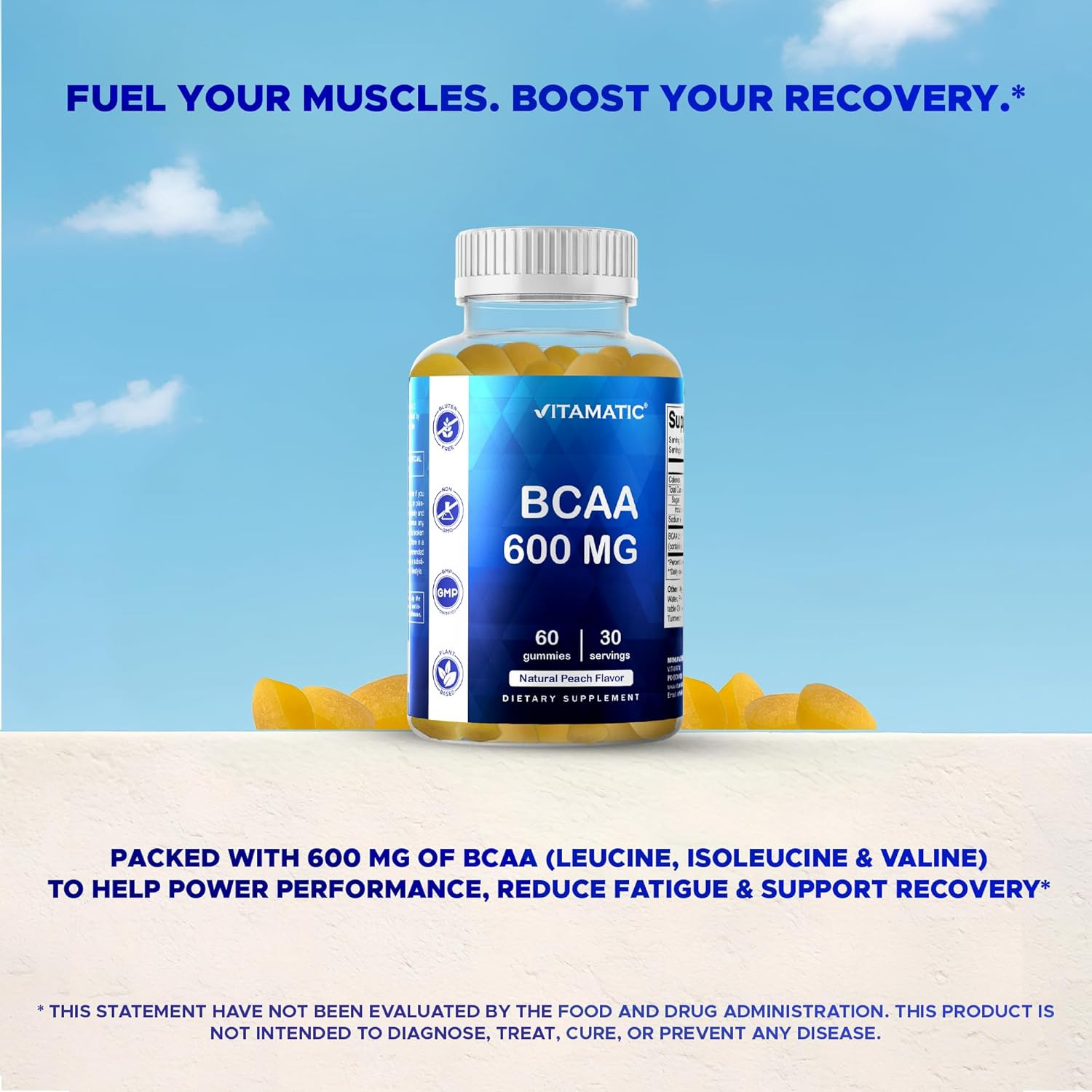 BCAA Gummies – Branch Chain Amino Acid Supplements – Peach Flavor – 600Mg per Se