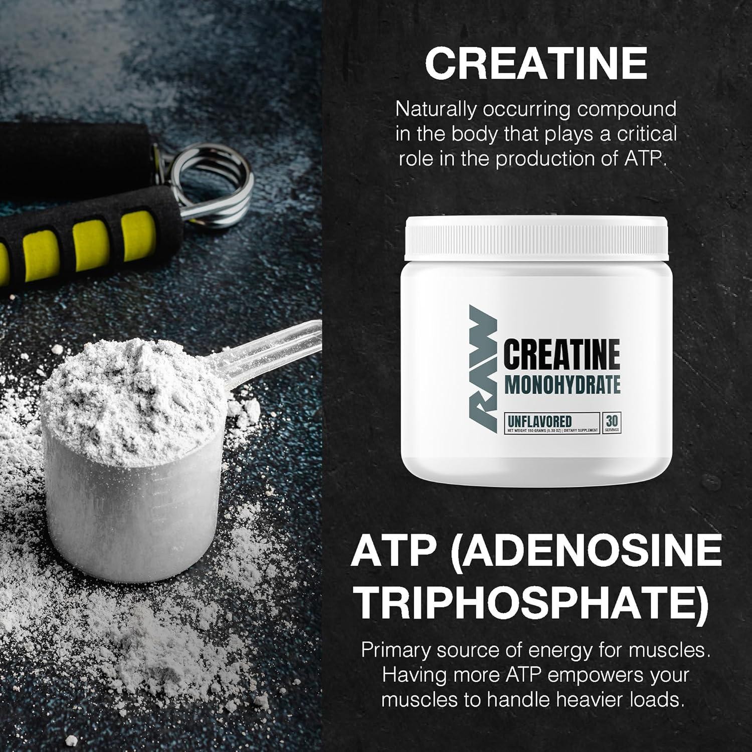RAW Nutrition Creatine Monohydrate Powder, Unflavored (30 Servings) – Micronized