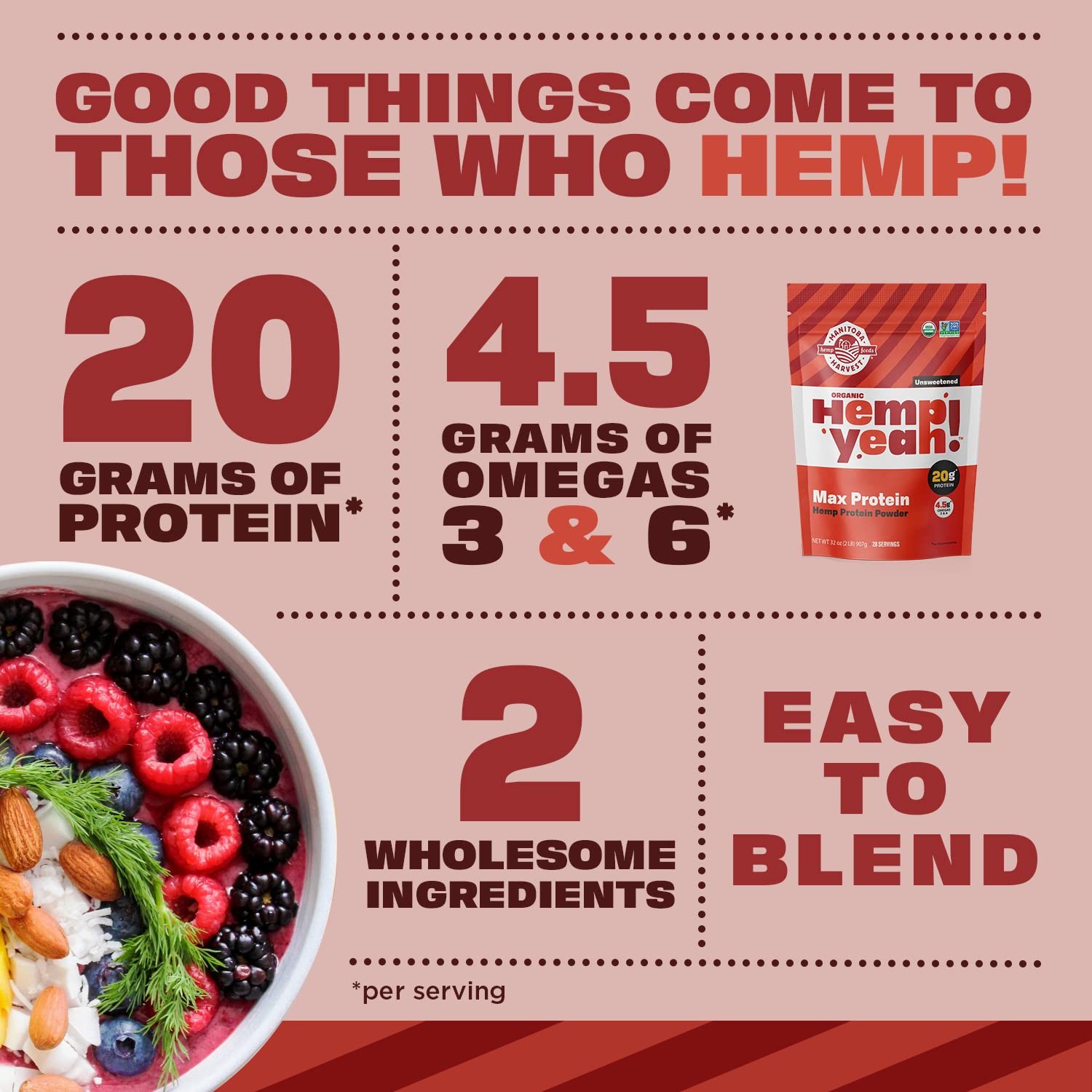 Hemp Protein Powder, Organic, Unsweetened, 32oz – 20g Protein per 30g Serving