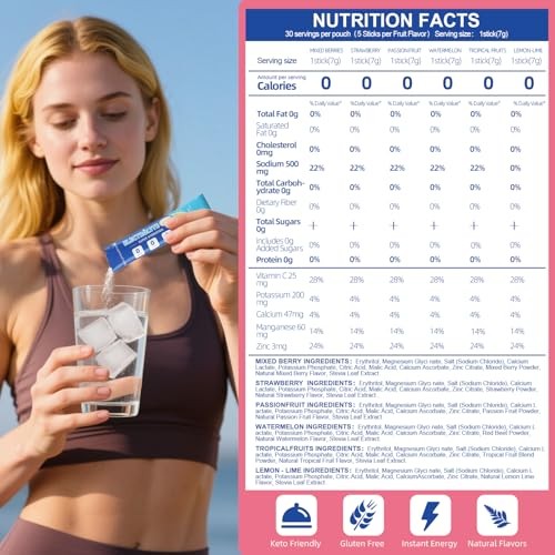 Electrolyte Powder Packets Sugar Free Hydration Drink Mix with 5 Key