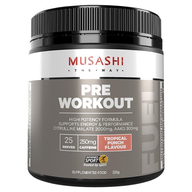 New Musashi Pre Workout Tropical Punch 225g PreWorkout 25 Serves