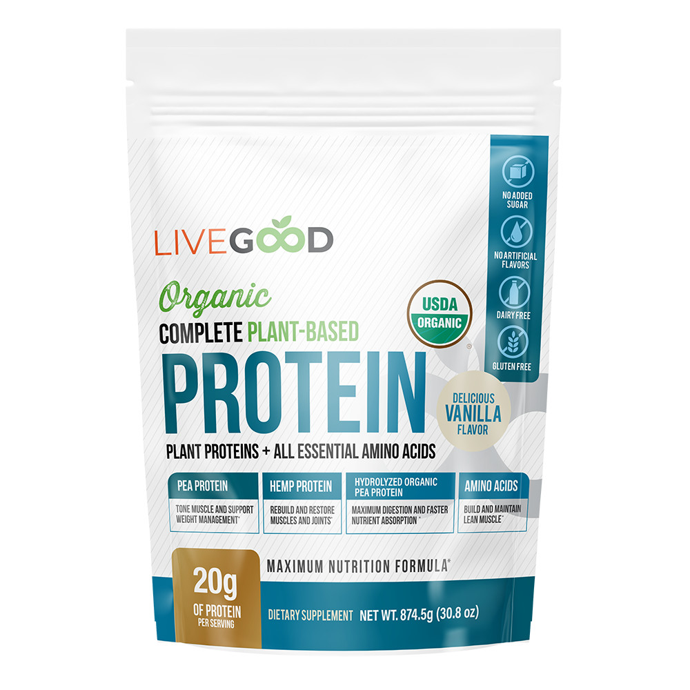 LiveGood Plant Based Protein Powder Pea Hemp Vanilla 30.8oz USDA Organic 30 Svgs