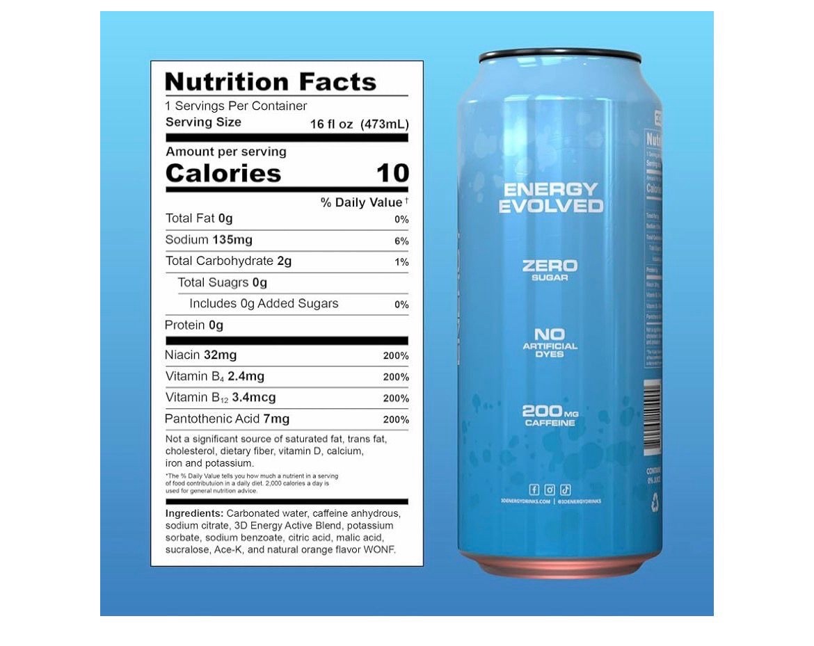 3D Energy Blueberry Mist Drink 16 fl oz 200mg Caffeine Zero Sugar 12 Pack