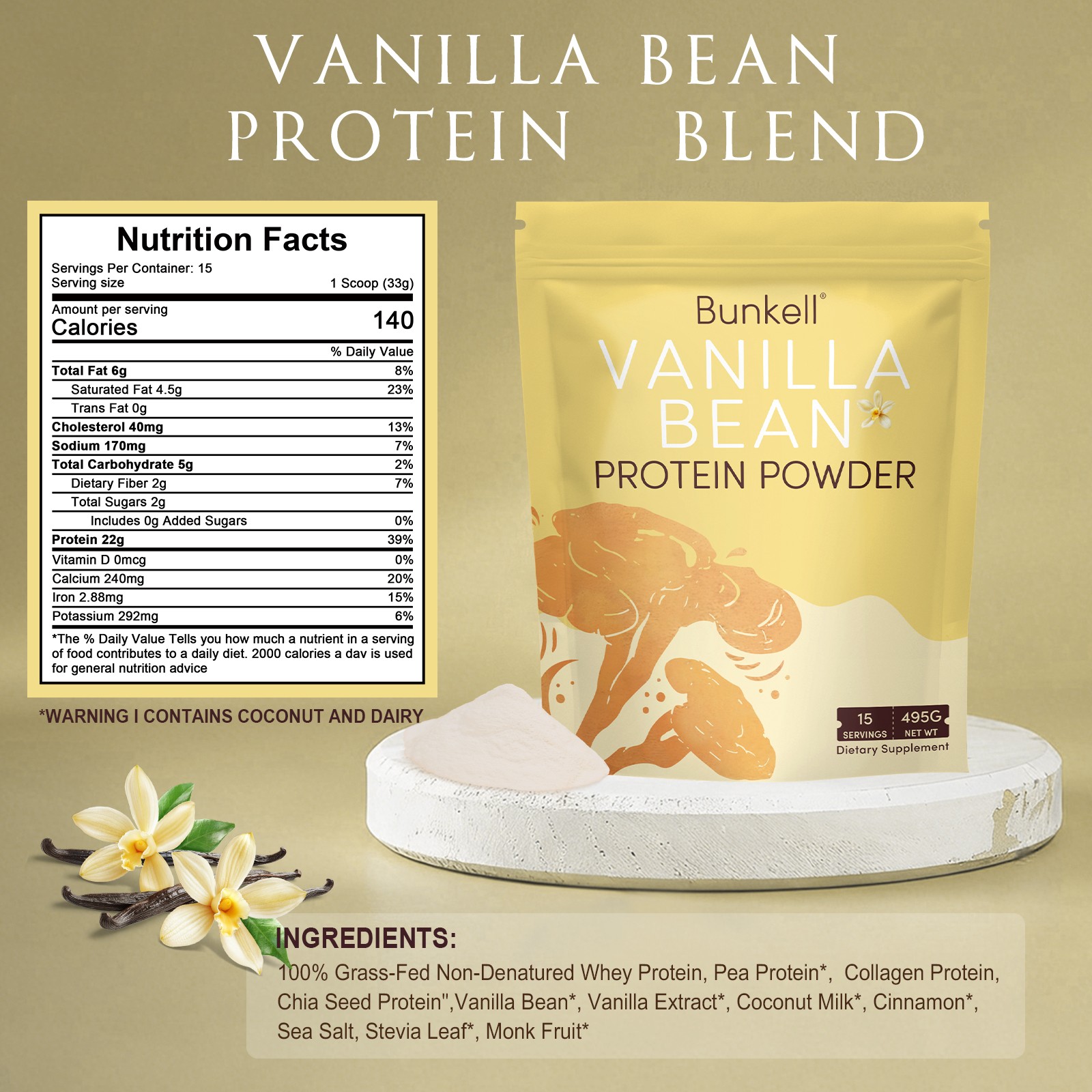 Bunkell Vanilla Protein Powder with Whey and Plant Proteins 495G Sugar-free