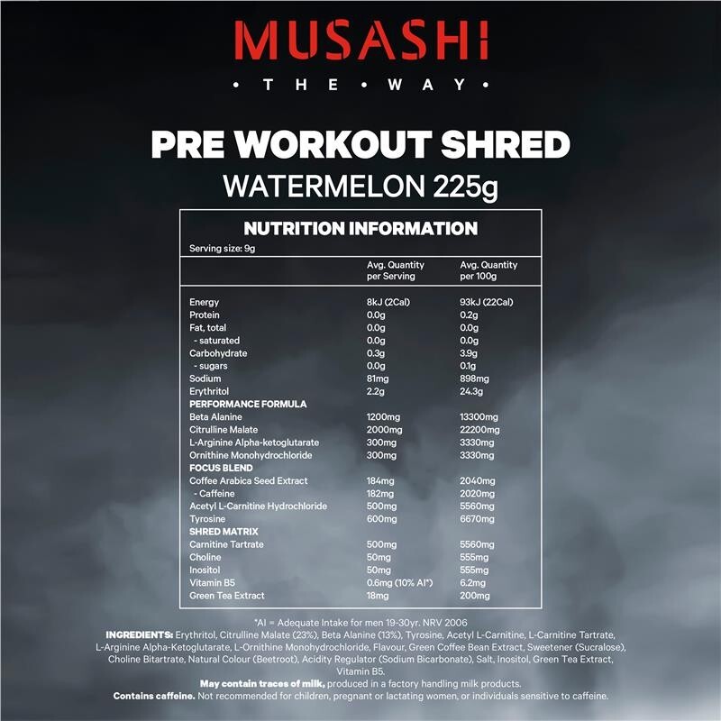 New Musashi Pre Workout Shred Watermelon Flavour 225g PreWorkout 25 Serves