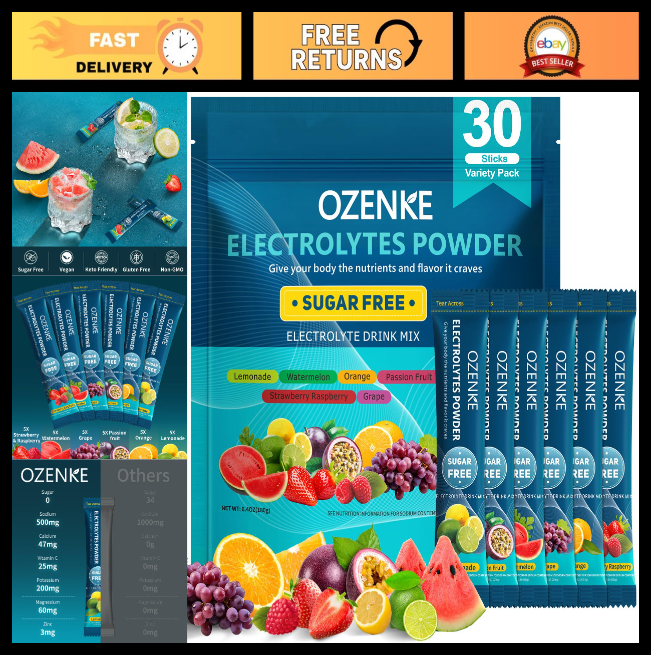 Sugar-Free Electrolyte Powder Packets – 30 Sticks, Hydration Drink Mix, 6 Flavor
