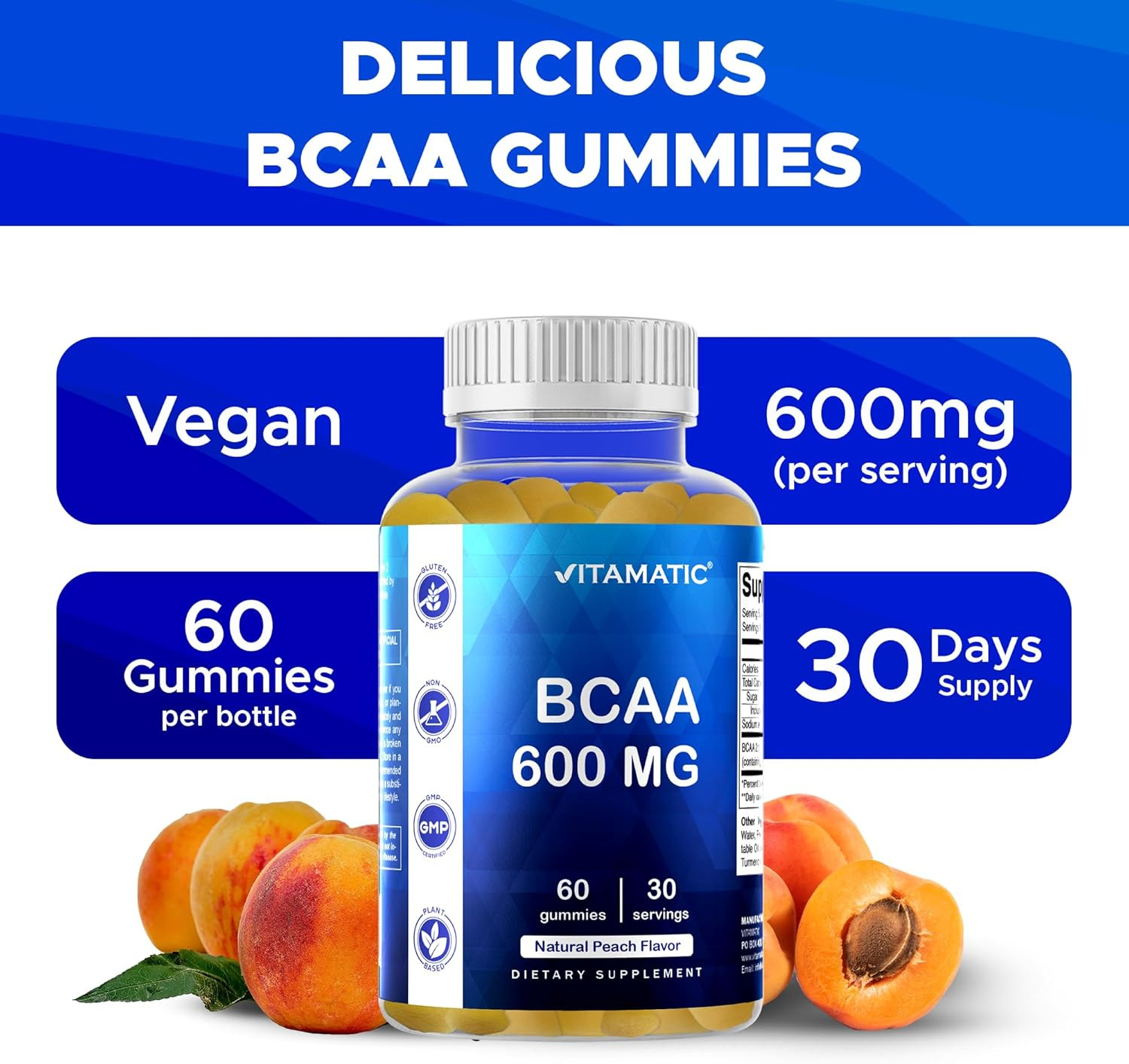 BCAA Gummies – Branch Chain Amino Acid Supplements – Peach Flavor – 600Mg per Se