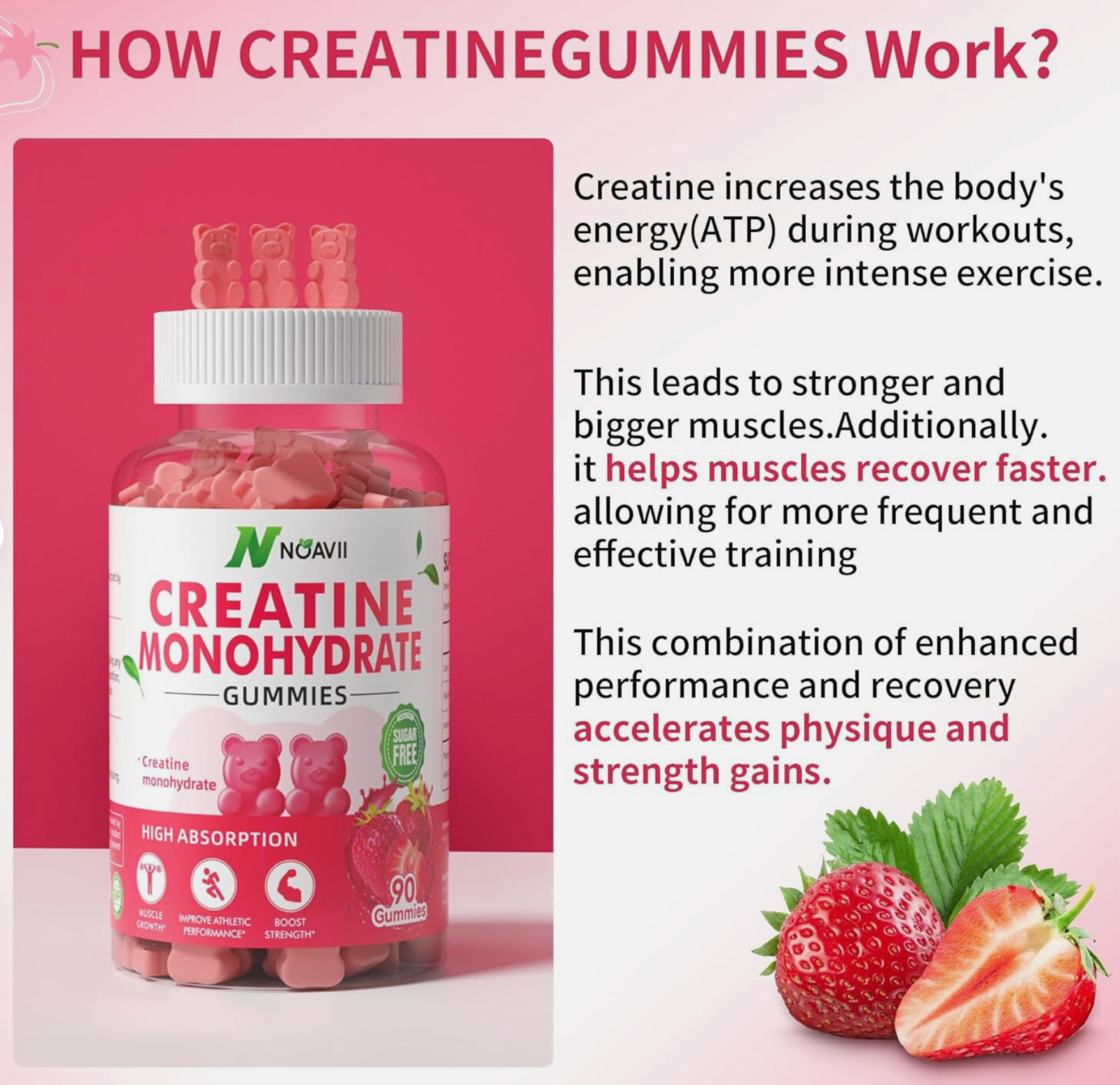 Creatine Monohydrate Gummies Strawberry 90 ct – LOT OF 3 – Noavii expire 05/2027