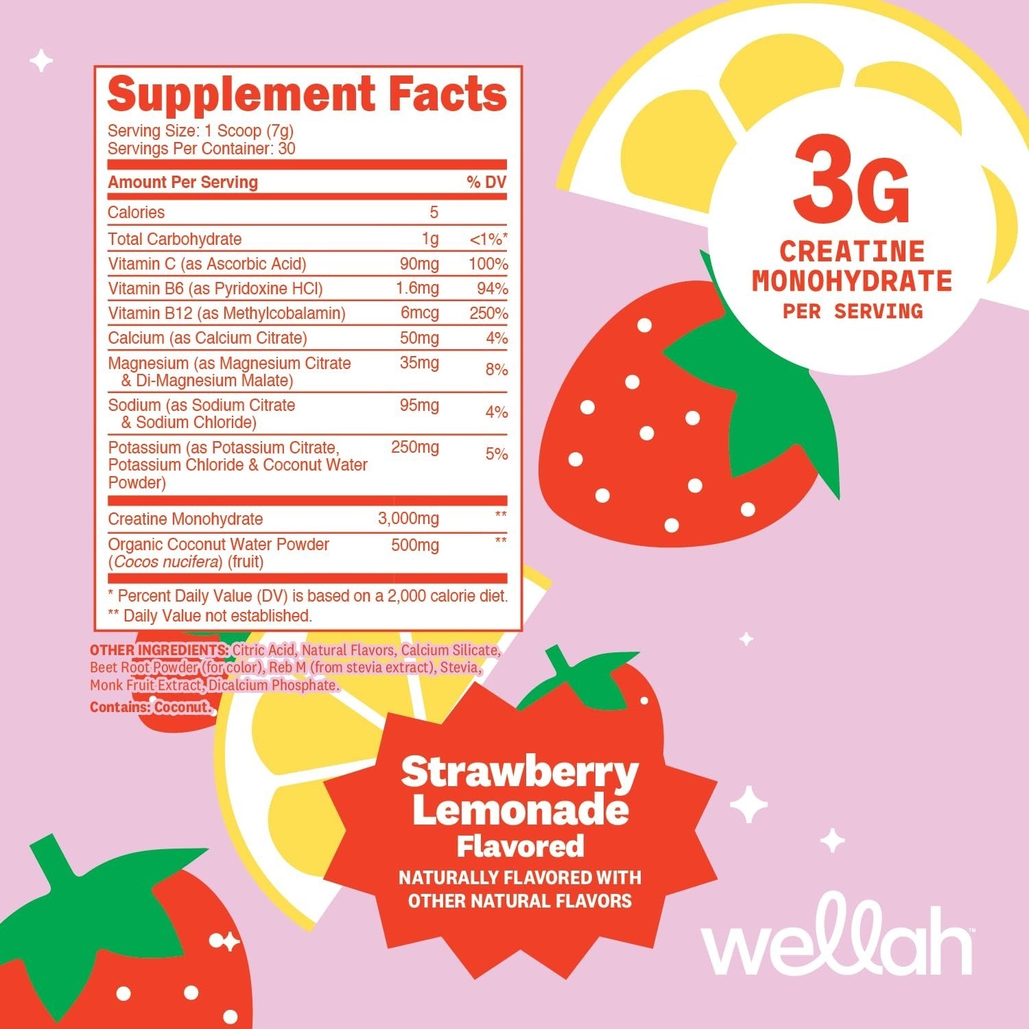 Wellah Creatine + Electrolytes Powder Strawberry Lemonade 30 Servings