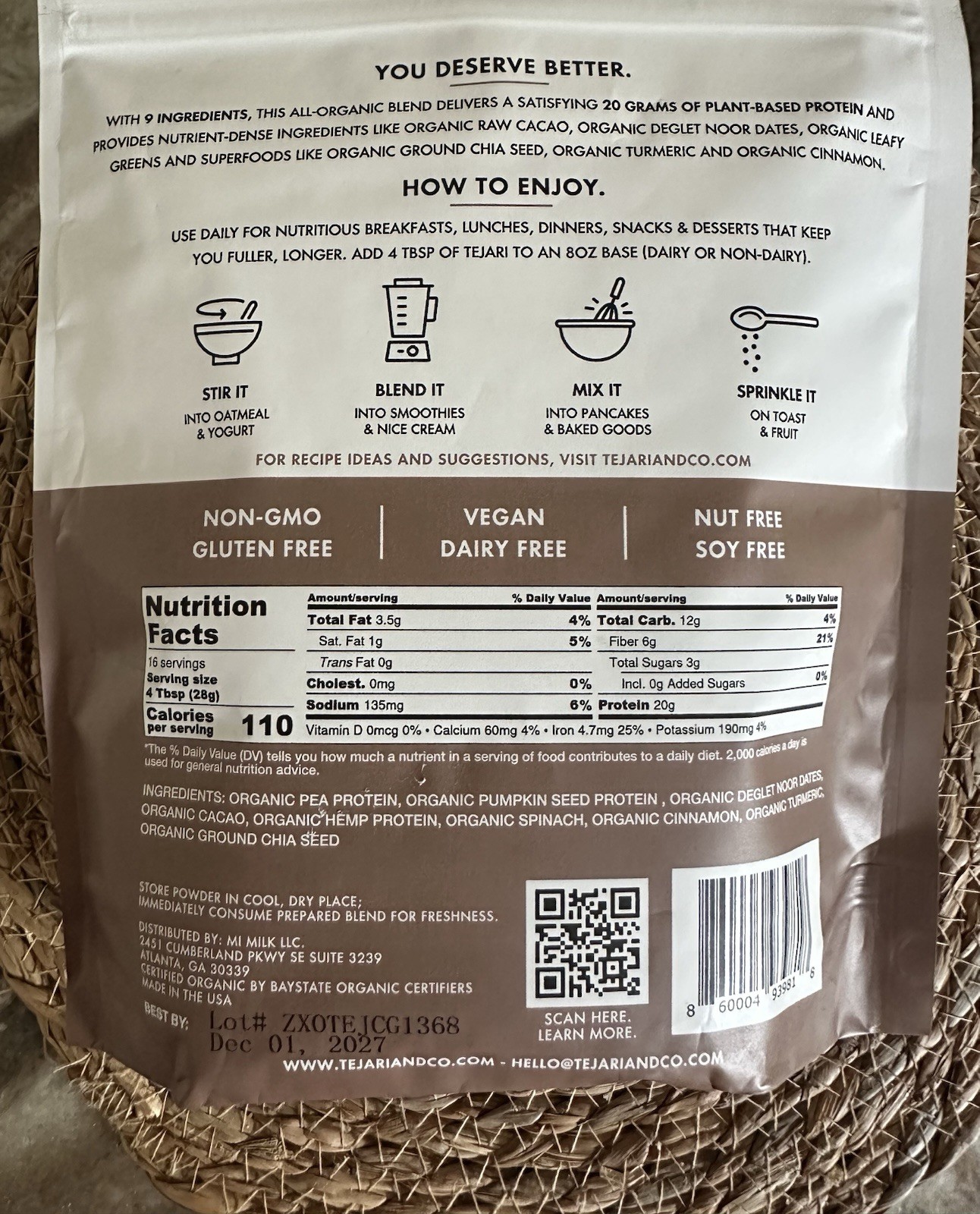 Tejari Plant-Based Superfood Protein Powder Organic Cacao+Greens 1 lb, Exp 2027