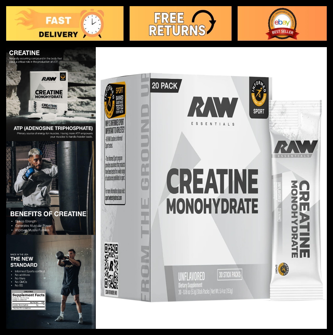 Micronized Creatine Monohydrate Stick Packs – Unflavored, 5g for Muscle Strength